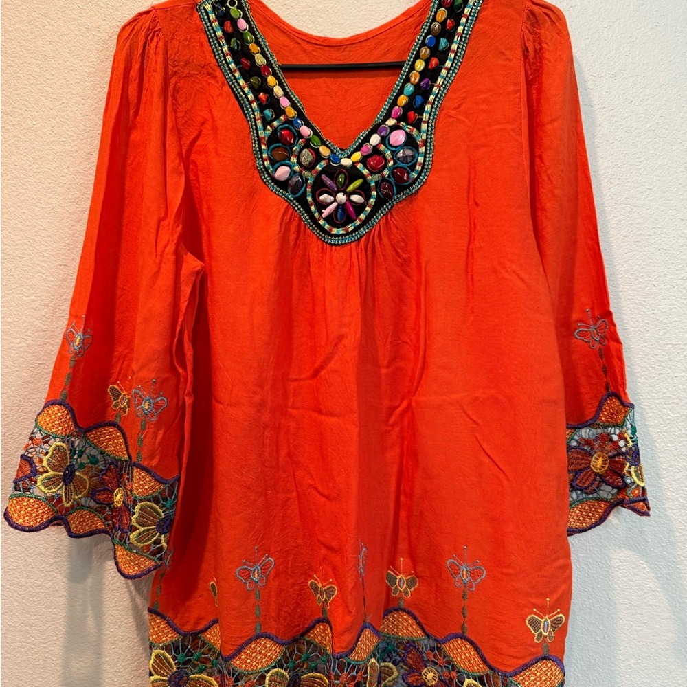 Vibrant Orange Embroidered Women's Tunic